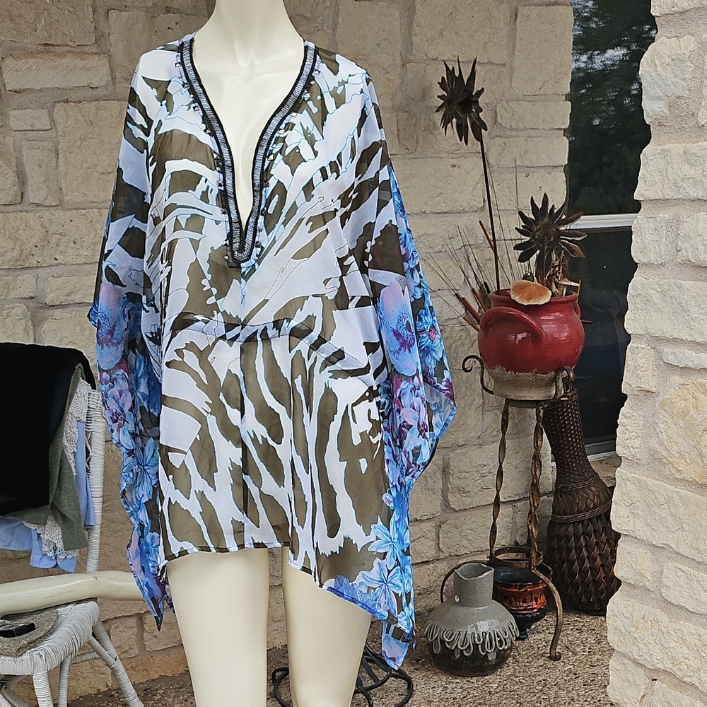 Alberto Makali White, Olive & Blue Sheer Printed V-Neck Tunic Blouse
